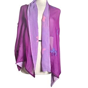 Anthropologie Silk Scarf Reversible Floral Lavender Plum Metallic Embroidered